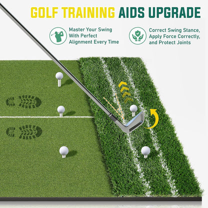 Dual Turf Golf Mat - Practice Indoor/Outdoor, 5 X 4 Ft Hitting Mat with Alignment Lines, 9 Tees & Balls Accessories for Swing, Chipping, Putting