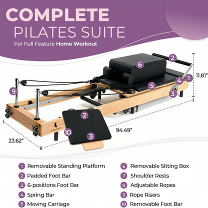 Foldable Wooden Pilates Reformer for Home, 70+ Guided Workouts | Reformer Box, Foot Board, Jump Board, 360-Degree Wheels, Non-Slip Feet, Supports Rehabilitation and Physiotherapy