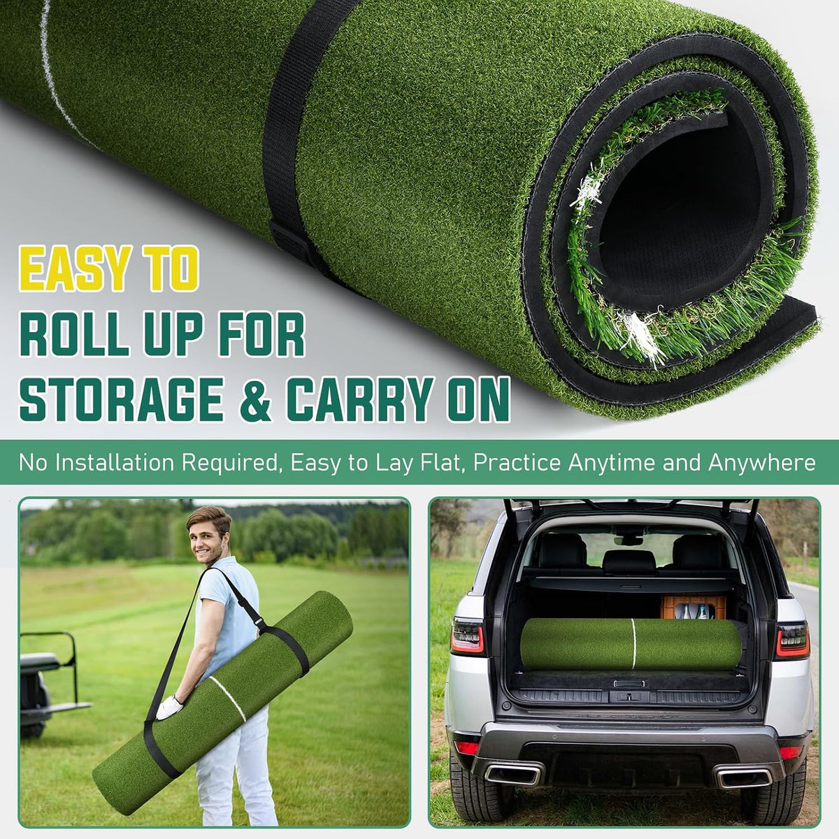 Dual Turf Golf Mat - Practice Indoor/Outdoor, 5 X 4 Ft Hitting Mat with Alignment Lines, 9 Tees & Balls Accessories for Swing, Chipping, Putting