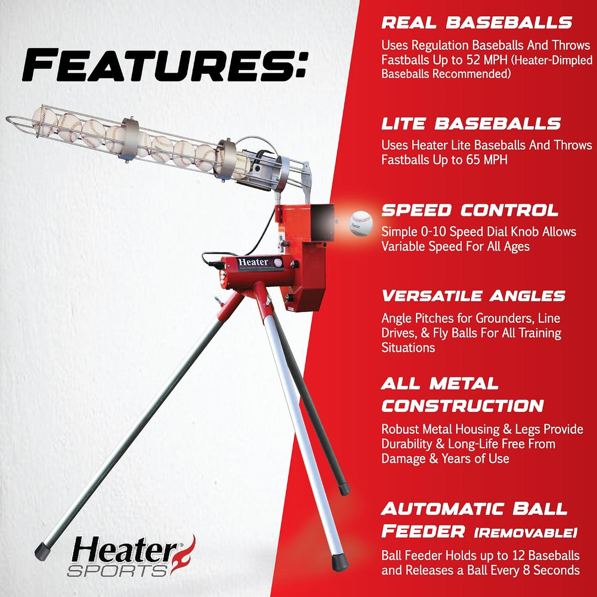 Sports Heavy-Duty Baseball Pitching Machine W/Bonus Ball Feeder - Accurate & Adjustable Pitching Machine for Kids, Teens, and Adults | Ideal for Baseball Training and Practice Sessions