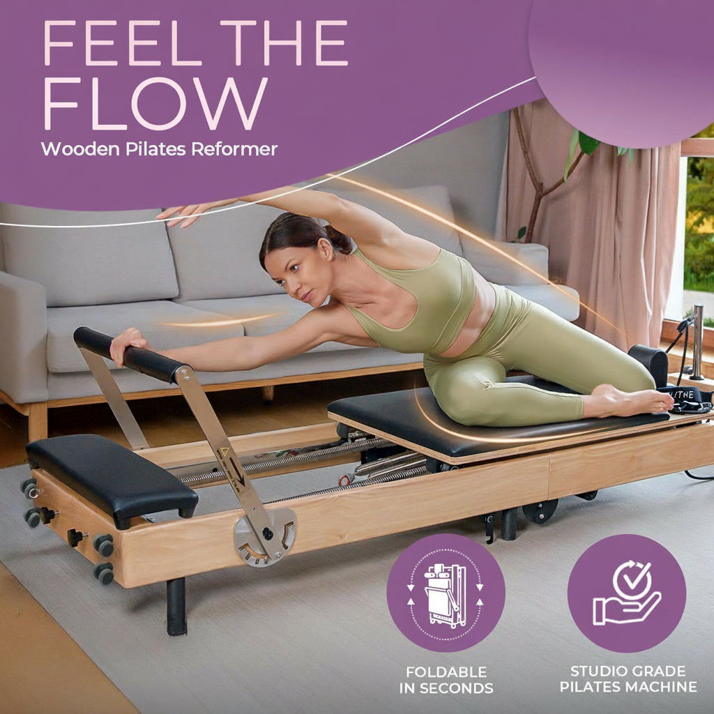 Foldable Wooden Pilates Reformer for Home, 70+ Guided Workouts | Reformer Box, Foot Board, Jump Board, 360-Degree Wheels, Non-Slip Feet, Supports Rehabilitation and Physiotherapy