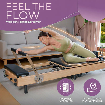 Foldable Wooden Pilates Reformer for Home, 70+ Guided Workouts | Reformer Box, Foot Board, Jump Board, 360-Degree Wheels, Non-Slip Feet, Supports Rehabilitation and Physiotherapy