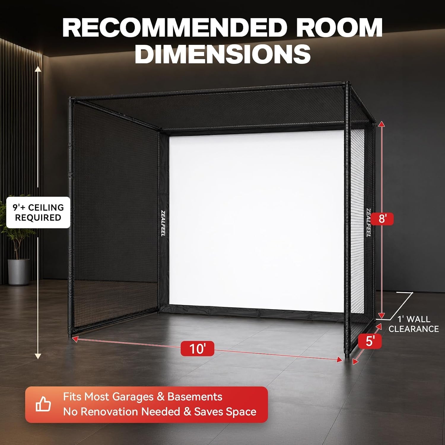 Golf Simulator Enclosure, 10 X 8 Ft/12 X 9 Ft, HD Impact Screen | Foam-Padded Frame, Indoor Golf Practice Cage for Home, Garage & Studio