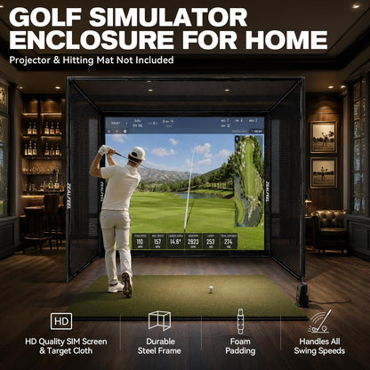 Golf Simulator Enclosure, 10 X 8 Ft/12 X 9 Ft, HD Impact Screen | Foam-Padded Frame, Indoor Golf Practice Cage for Home, Garage & Studio