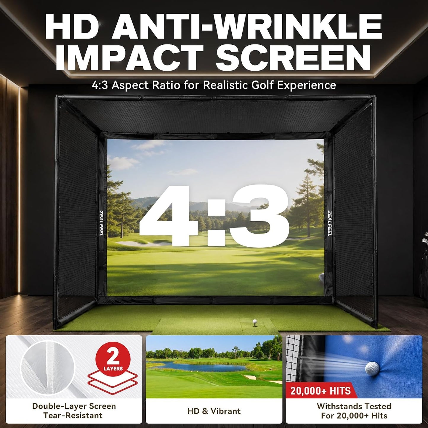 Golf Simulator Enclosure, 10 X 8 Ft/12 X 9 Ft, HD Impact Screen | Foam-Padded Frame, Indoor Golf Practice Cage for Home, Garage & Studio