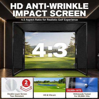 Golf Simulator Enclosure, 10 X 8 Ft/12 X 9 Ft, HD Impact Screen | Foam-Padded Frame, Indoor Golf Practice Cage for Home, Garage & Studio
