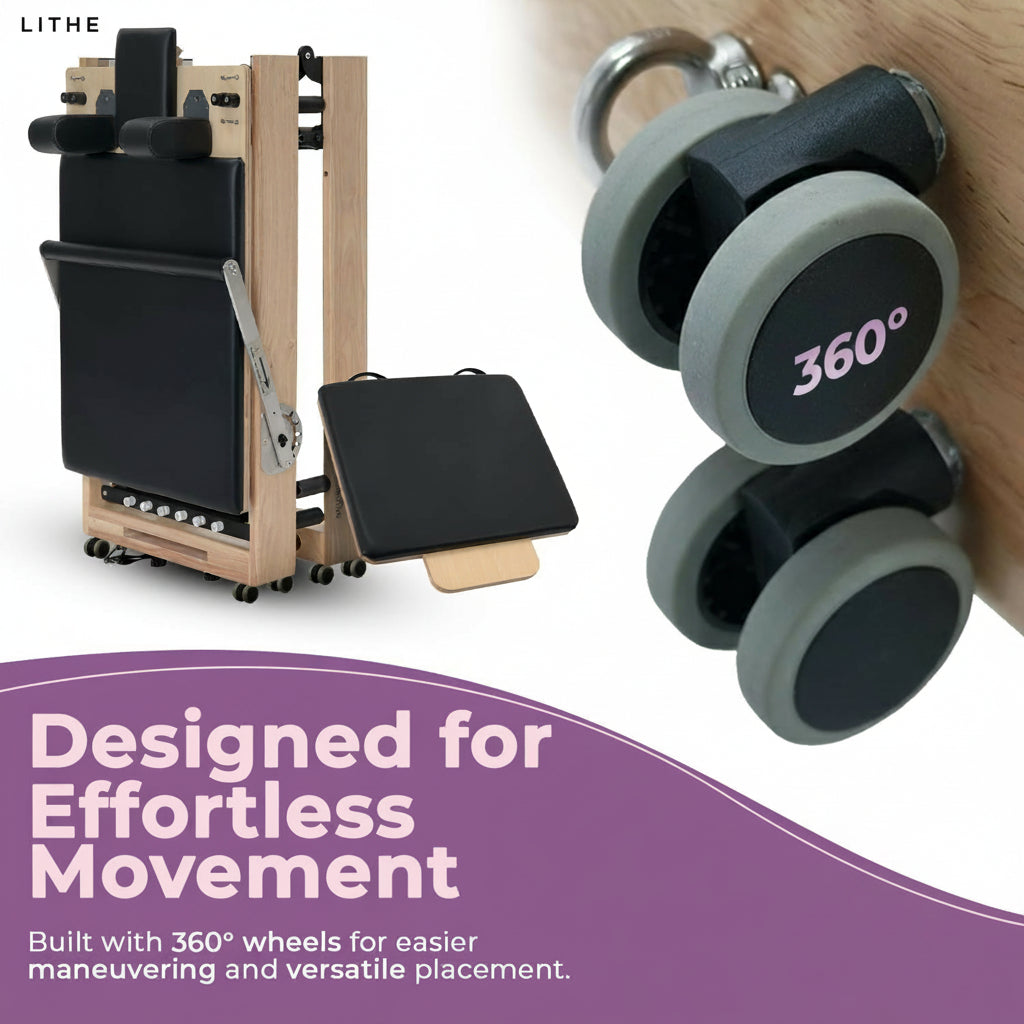 Foldable Wooden Pilates Reformer for Home, 70+ Guided Workouts | Reformer Box, Foot Board, Jump Board, 360-Degree Wheels, Non-Slip Feet, Supports Rehabilitation and Physiotherapy