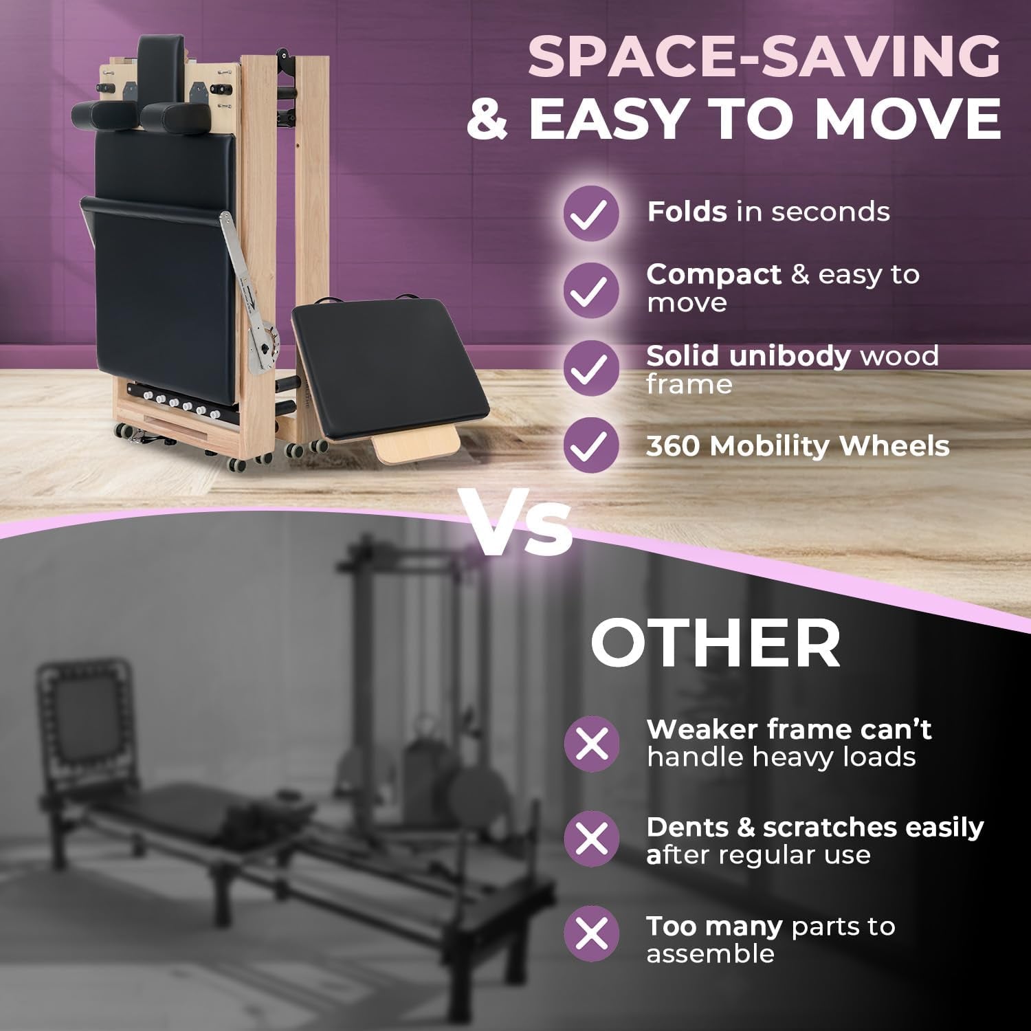 Foldable Wooden Pilates Reformer for Home, 70+ Guided Workouts | Reformer Box, Foot Board, Jump Board, 360-Degree Wheels, Non-Slip Feet, Supports Rehabilitation and Physiotherapy