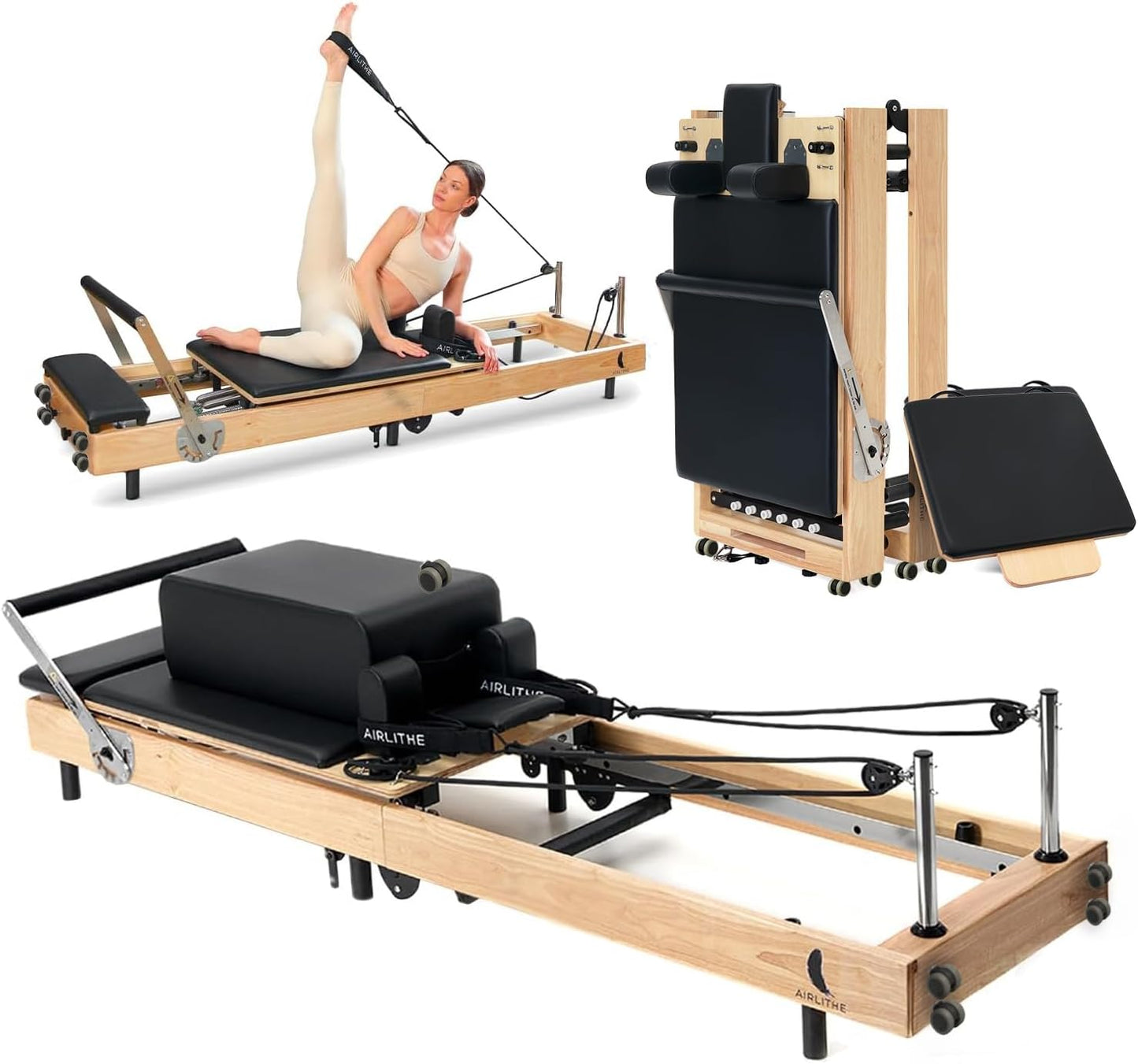 Foldable Wooden Pilates Reformer for Home, 70+ Guided Workouts | Reformer Box, Foot Board, Jump Board, 360-Degree Wheels, Non-Slip Feet, Supports Rehabilitation and Physiotherapy