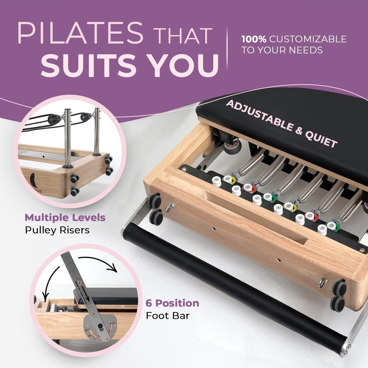 Foldable Wooden Pilates Reformer for Home, 70+ Guided Workouts | Reformer Box, Foot Board, Jump Board, 360-Degree Wheels, Non-Slip Feet, Supports Rehabilitation and Physiotherapy