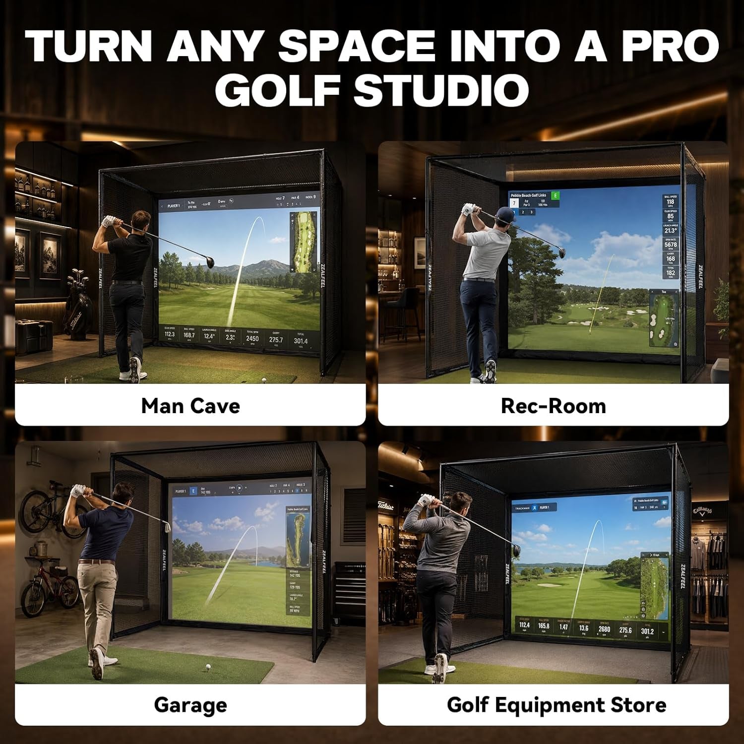 Golf Simulator Enclosure, 10 X 8 Ft/12 X 9 Ft, HD Impact Screen | Foam-Padded Frame, Indoor Golf Practice Cage for Home, Garage & Studio