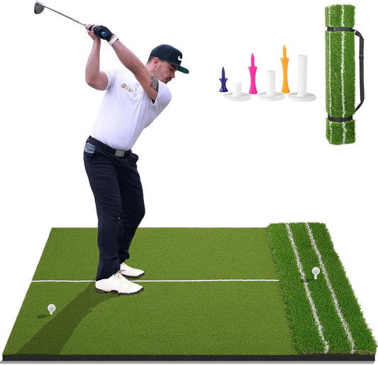 Real Feel 5X4Ft Golf Hitting Mat – Large Dual Turf, Alignment & Angle of Approach Aid, Golf Mat Practice Outdoor & Indoor, Driving Chipping Putting,Golf Training Swing Mat,Gift for Men Dad Golfer